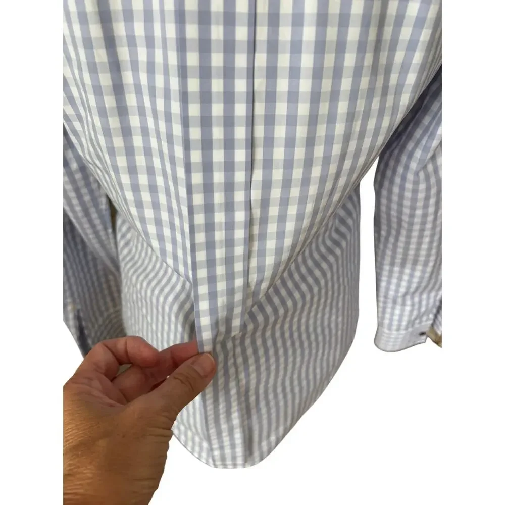 Lafayette 148 New York Poplin Button Up Shirt Blue Gingham Check Size XS FLAW